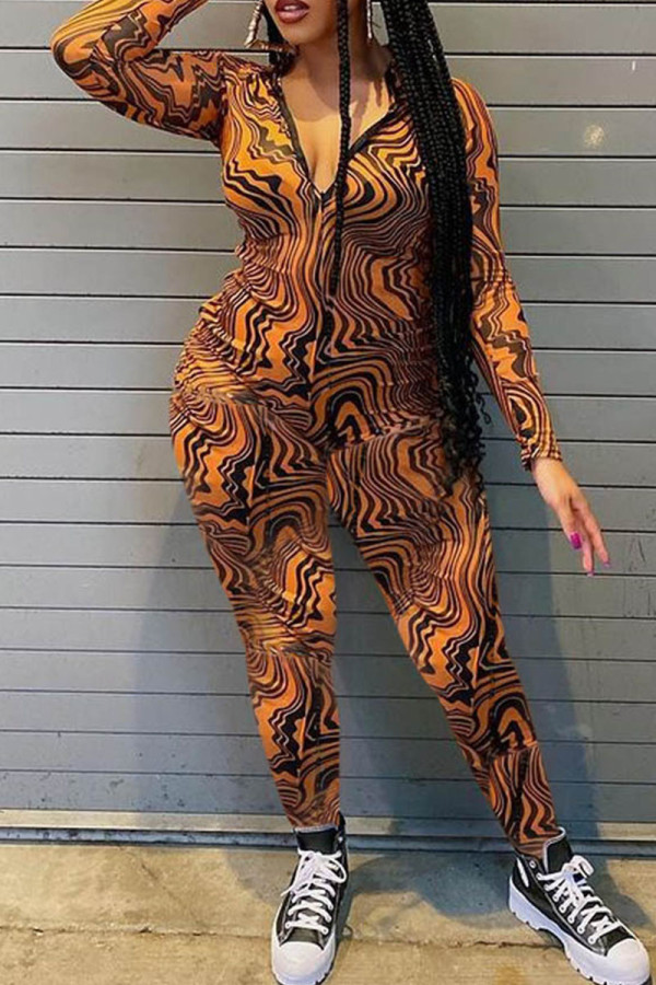 Yellow Brown Sexy Print Patchwork Zipper Collar Skinny Jumpsuits