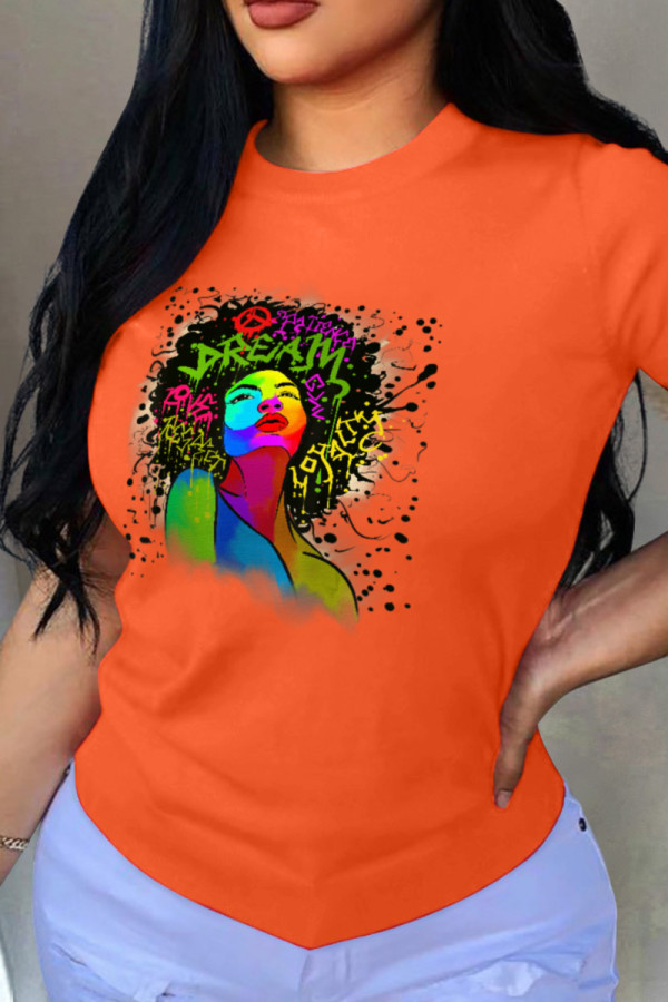 Orange Fashion Print Patchwork O Neck T-Shirts