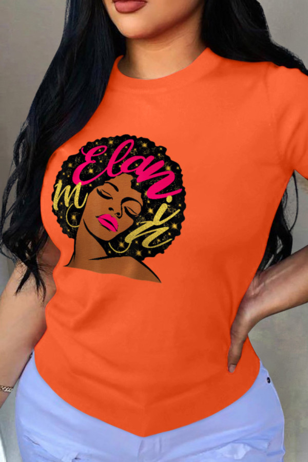 Orange Street Print Patchwork O Neck T-Shirts