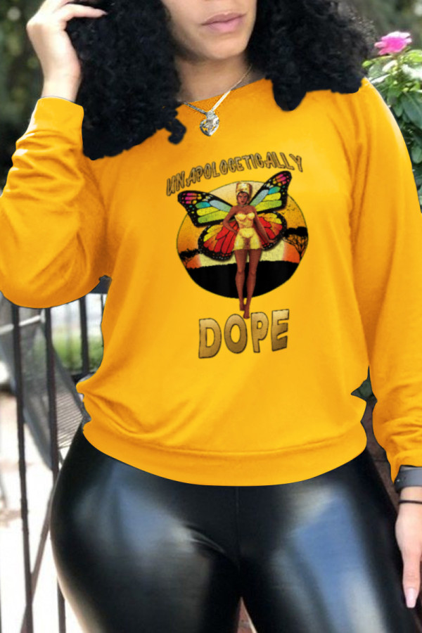 Yellow Casual Print Patchwork O Neck Tops