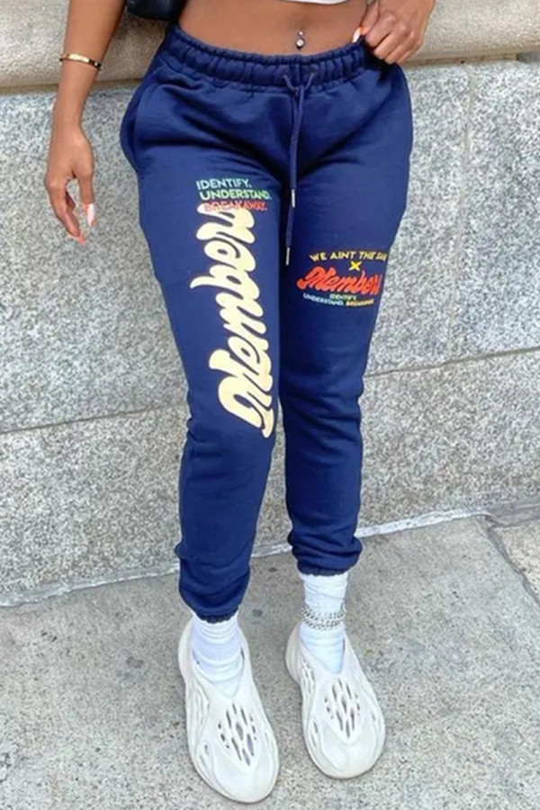 Blue Fashion Casual Print Basic Regular High Waist Trousers