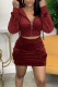 Burgundy Casual Solid Patchwork Pocket Zipper Hooded Collar Three Quarter Two Pieces