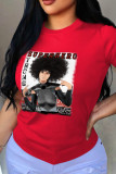 Red Street Print Patchwork O Neck T-Shirts