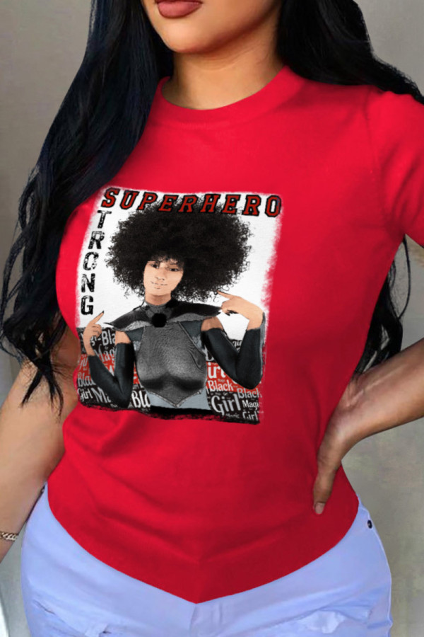 Red Street Print Patchwork O Neck T-Shirts