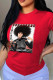 Red Street Print Patchwork O Neck T-Shirts
