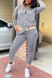 Light Gray Fashion Casual Patchwork Basic Zipper Collar Long Sleeve Two Pieces