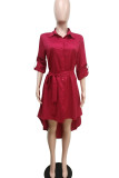 Ink Green Solid Patchwork Buckle Asymmetrical Turndown Collar Shirt Dress Dresses(Contain The Belt)