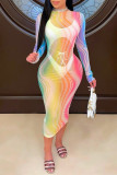 Colour Fashion Sexy Print See-through O Neck Long Sleeve Dresses