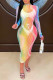 Colour Fashion Sexy Print See-through O Neck Long Sleeve Dresses