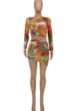 Colour Sexy Print Hollowed Out Patchwork O Neck Long Sleeve Two Pieces