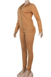 Earth Yellow Casual Solid Patchwork Zipper Collar Long Sleeve Two Pieces