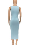 Cyan Casual Solid Split Joint O Neck Pencil Skirt Dresses
