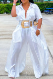 White Fashion Casual Solid Patchwork Pocket Turndown Collar Loose Jumpsuits (Without Belt)
