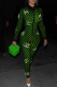 Green Sexy Print Patchwork Zipper Collar Skinny Jumpsuits