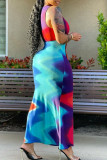 Turquoise Sexy Print Patchwork V Neck Vest Dress Dresses