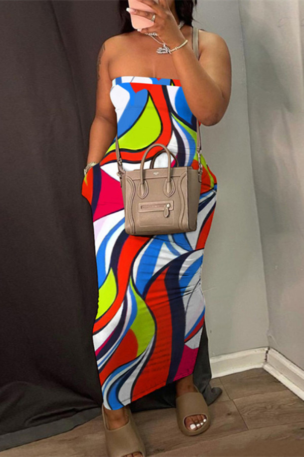 Colour Fashion Sexy Print Backless Strapless Long Dress