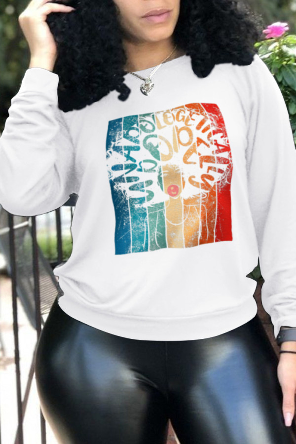 White Casual Print Patchwork O Neck Tops
