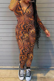 Yellow Brown Sexy Print Patchwork Zipper Collar Skinny Jumpsuits
