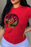 Red Street Print Patchwork O Neck T-Shirts