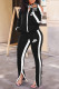 Black Fashion Casual Print Patchwork Slit Zipper Collar Long Sleeve Two Pieces