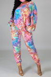 Pink Casual Patchwork Tie-dye O Neck Long Sleeve Two Pieces