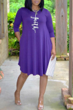 Purple Casual Print Patchwork O Neck Cake Skirt Dresses