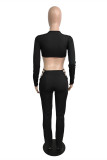 Black Sexy Casual Solid Hollowed Out O Neck Long Sleeve Two Pieces