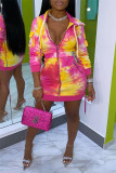 Rose Red Fashion Casual Tie Dye Printing Hooded Collar Long Sleeve Dresses