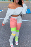 Grey Casual Street Patchwork Fold V Neck Long Sleeve Two Pieces