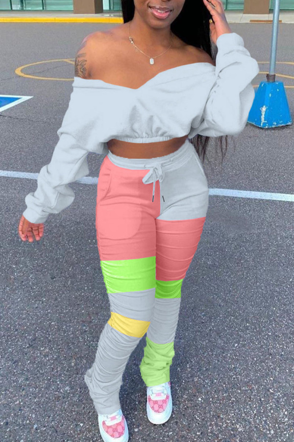 Grey Casual Street Patchwork Fold V Neck Long Sleeve Two Pieces