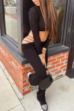 Black Sexy Casual Solid Hollowed Out O Neck Long Sleeve Two Pieces
