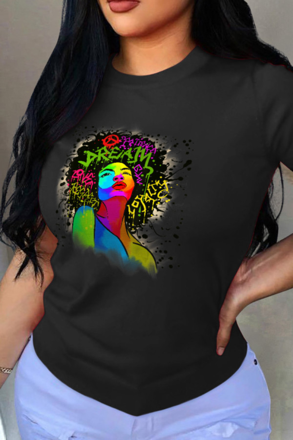 Black Fashion Print Patchwork O Neck T-Shirts