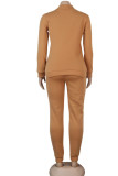 Earth Yellow Casual Solid Patchwork Zipper Collar Long Sleeve Two Pieces