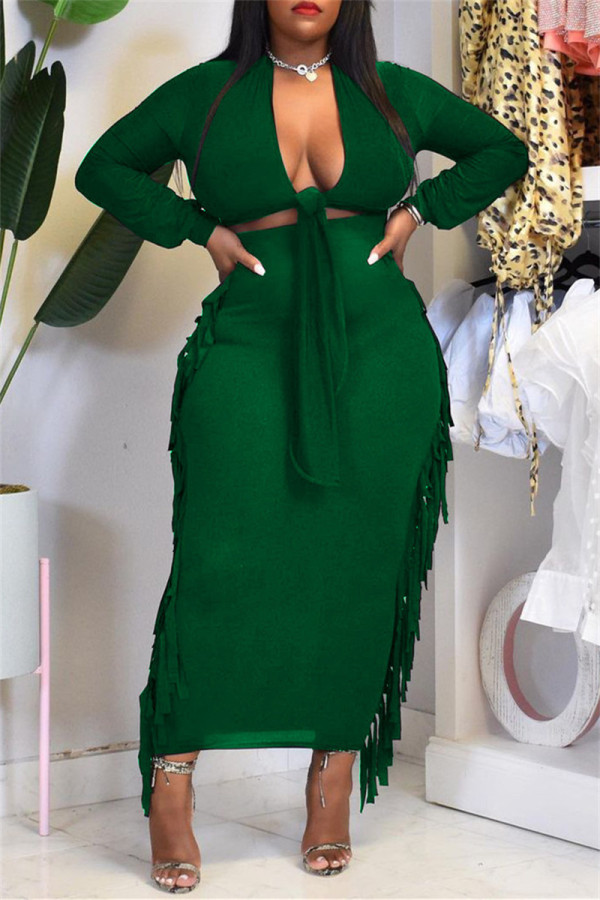 Dark Green Fashion Casual Solid Tassel Hollowed Out V Neck Long Sleeve Two Pieces