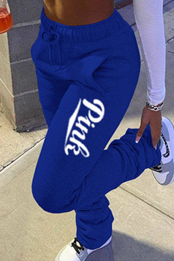 Blue Fashion Casual Letter Print Basic Regular Mid Waist Trousers