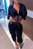 Black Sexy Casual Patchwork See-through Hooded Collar Long Sleeve Two Pieces