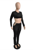 Black Sexy Casual Solid Hollowed Out O Neck Long Sleeve Two Pieces