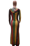 Colour Sexy Striped Print Hollowed Out Patchwork Hooded Collar Long Sleeve Dresses
