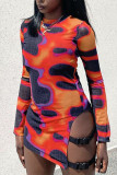 Multicolor Sexy Print Hollowed Out Patchwork O Neck One Step Skirt Dresses