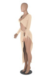 Red Fashion Sexy Solid Hollowed Out Slit V Neck Long Sleeve Dresses