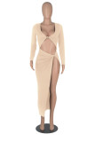 Red Fashion Sexy Solid Hollowed Out Slit V Neck Long Sleeve Dresses