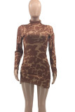 Brown Sexy Print Patchwork Turtleneck One Step Skirt Dresses