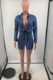 Blue Sexy Solid Bandage Patchwork Buckle Turndown Collar Tops