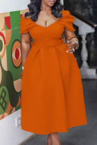 Orange Fashion Celebrities Solid Patchwork V Neck A Line Dresses