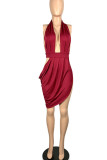 Red Sexy Solid Hollowed Out Patchwork Fold Asymmetrical Halter Evening Dress Dresses
