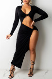 Red Fashion Sexy Solid Hollowed Out Slit V Neck Long Sleeve Dresses