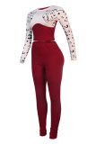 Red Fashion Casual Print Split Joint O Neck Long Sleeve Two Pieces