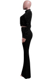 Black Fashion Street Solid Split Joint O Neck Long Sleeve Two Pieces