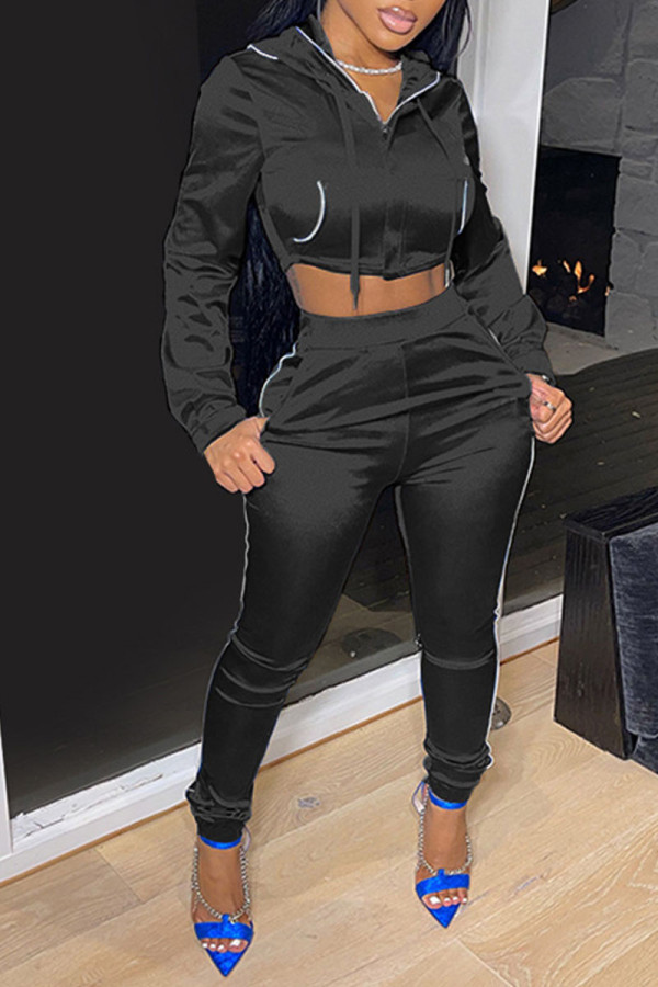 Black Casual Solid Patchwork Hooded Collar Long Sleeve Two Pieces