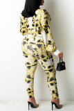 Yellow British Style Print Split Joint Buckle Turndown Collar Long Sleeve Two Pieces(Without Belt)